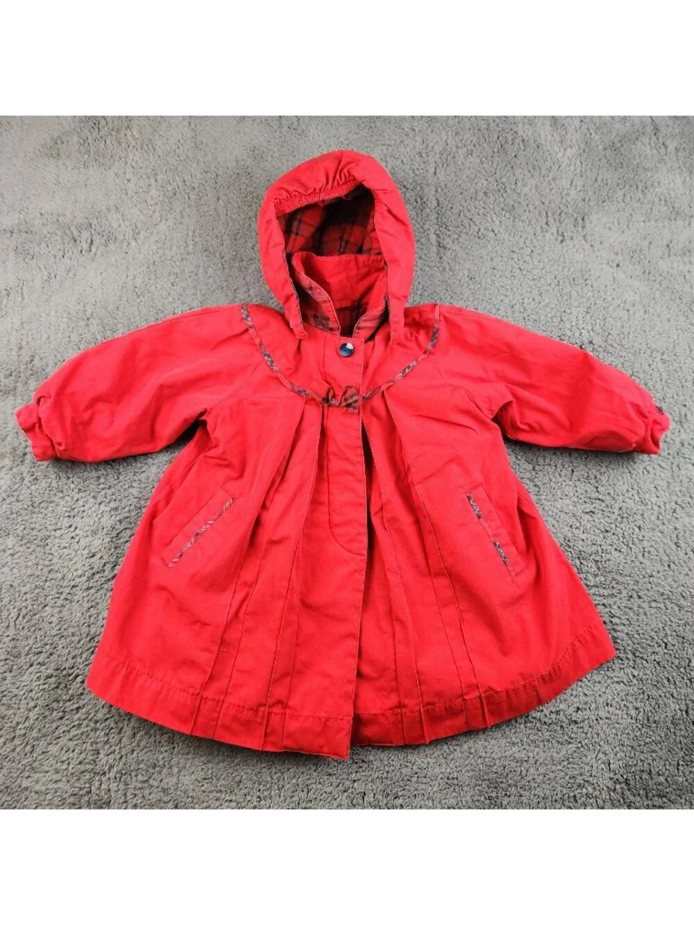 VTG Rothschild Pea Coat Girls‎ 3T Red Blue Fur Lined Bow Pleated Hooded Holiday